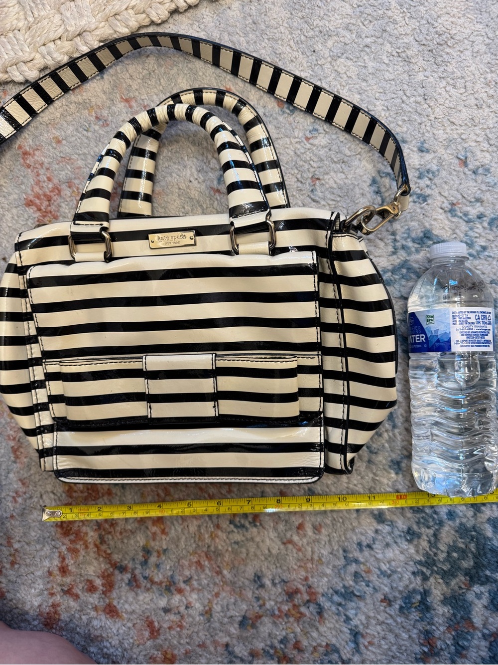 kate spade Black and White Striped Patent Satchel